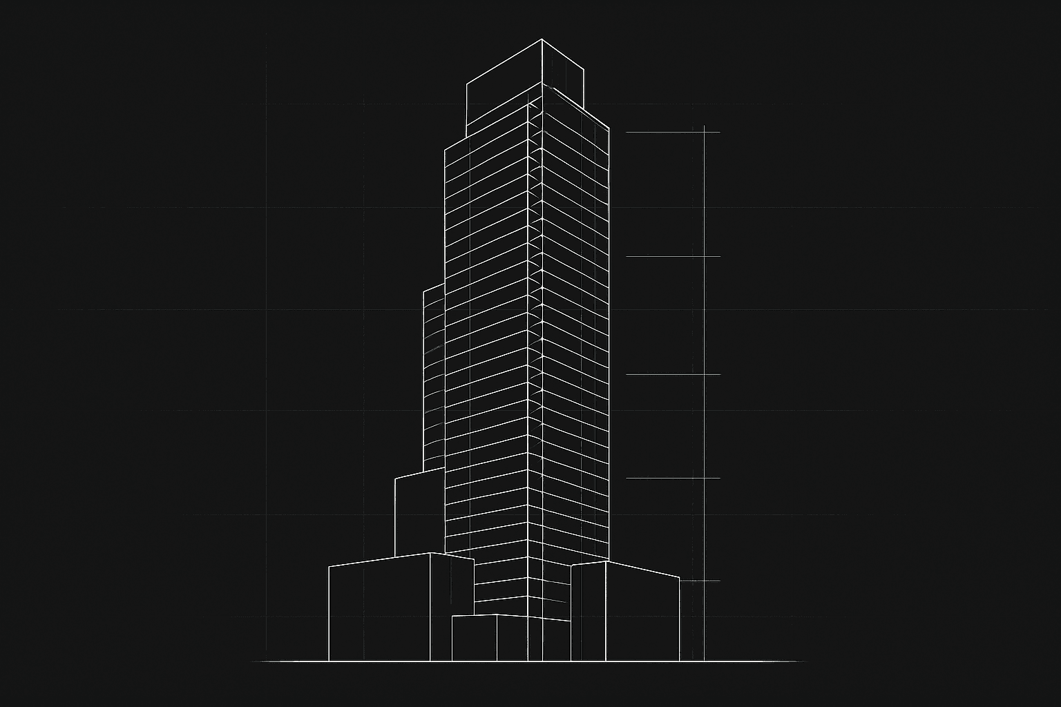 Blueprint-style wireframe architectural diagram of an abstract tower massing with steel-blue annotation lines