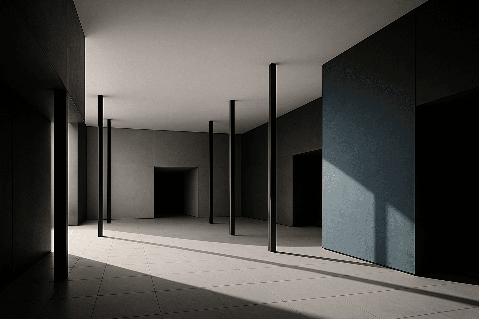 Monochrome architectural photograph of a soaring lobby interior with a steel-blue accent wall